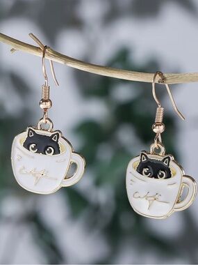 Cute Black Cat in White Cup Dangle Earrings - Charming Pet-Themed Jewelry
